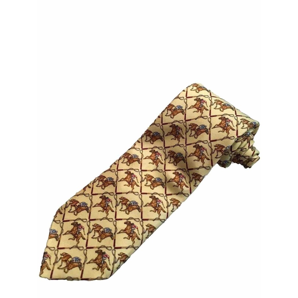 Benjamin James Makers & Merchants Mens 100% Silk Necktie Yellow Horse Jockey Tie - Picture 5 of 5